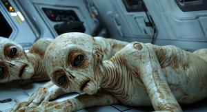 Zwei humanoide Aliens mit großen schwarzen Augen stehen nebeneinander in einem futuristischen Raumschiff mit leuchtenden Kontrollpaneelen und metallischen Wänden, während sie aus einem großen Fenster ins All blicken.