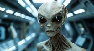 Ein einzelnes Alien mit schlanker Silhouette und leuchtenden Augen betritt langsam die Rampe eines futuristischen Raumschiffs, das in geheimnisvollem Licht auf einer fremden Oberfläche landet.